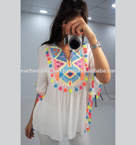 Beach Party Wear Dress For Girl's Wear Rayon Embroidered Beach Wear Top