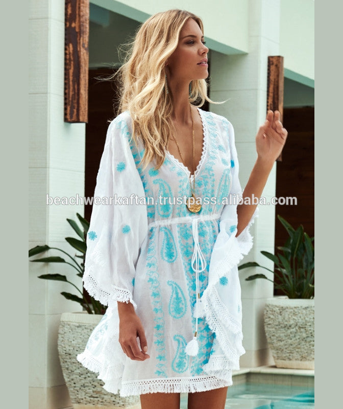 Designer Eye Catching Ladies Wear Rayon Beach Wear Kaftan /Poncho Beach Cover Up Caftan With Fancy Lace